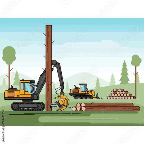 Forestry equipment harvesting timber with excavator and bulldozer in a woodland landscape
