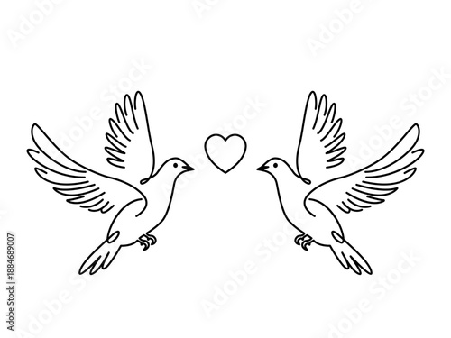 Two doves with a heart-shaped ribbon in a linear style. Vector illustration for Valentine's Day, a wedding, or an engagement.