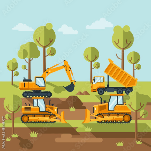 Construction site with excavators, bulldozers, and dump truck, flat design