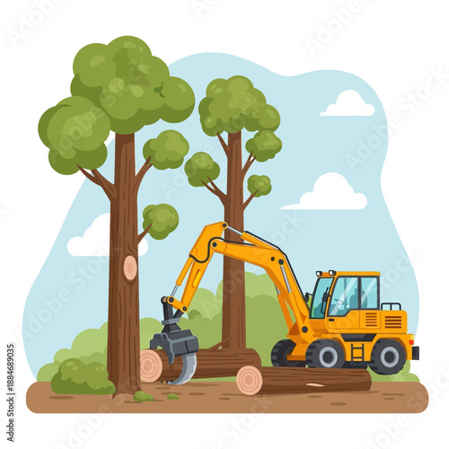 Yellow Excavator Harvesting Timber in a Forest, Logging Industry