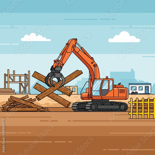 Construction site with excavator grabbing logs, building materials, and blue sky.