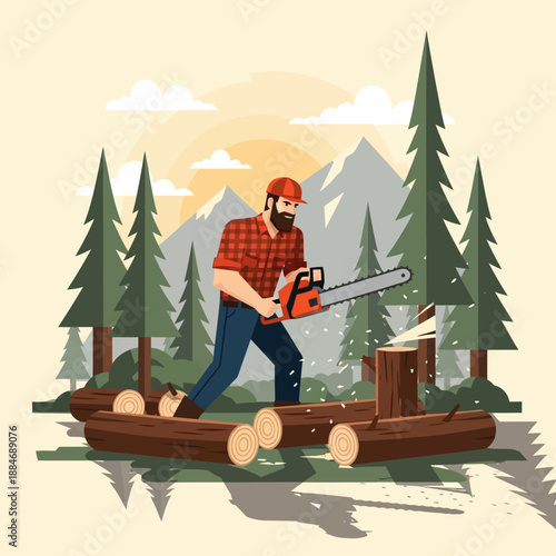 Lumberjack with Chainsaw Cutting Wood in Forest with Mountains and Sun