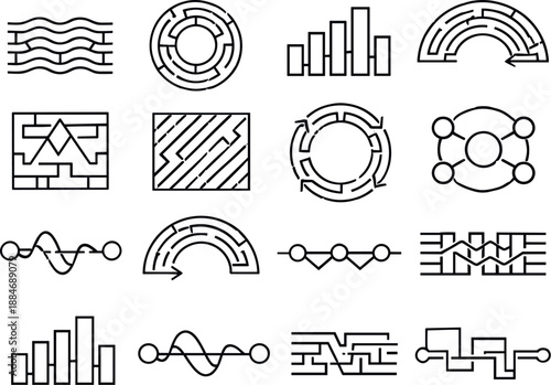 Image Generation. Line style vector icons of maze structures: sync band, modulation ring, pulse bar, feedback arc, modulation ring