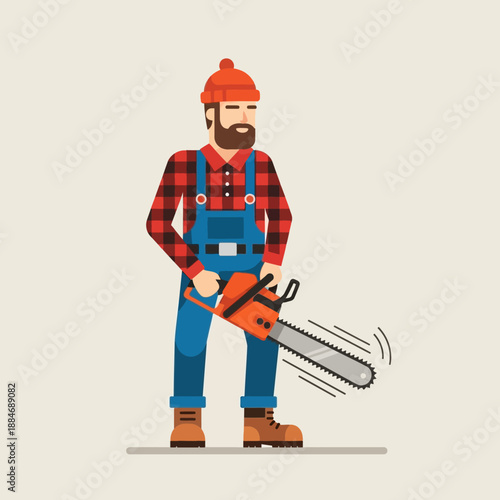 Lumberjack with Chainsaw Standing Flat Design Illustration