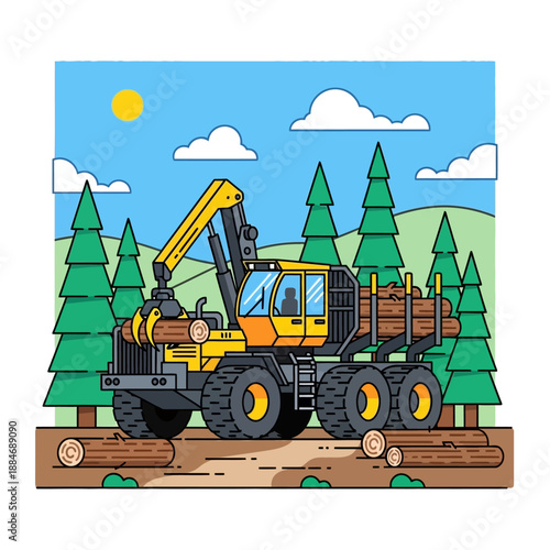 Logging machine loading logs in forest, industrial forestry equipment, flat design