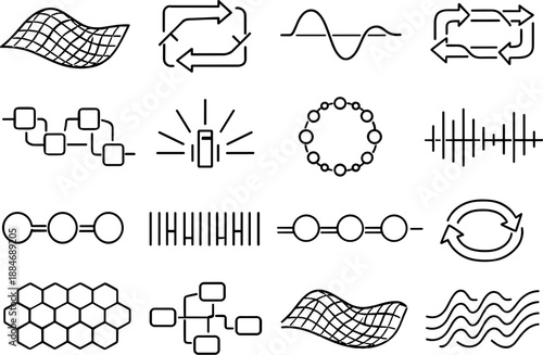 Image Generation. Line style vector icons of system health: wave mesh, sync tile, wave line, flow tile, flow tile, propagation bar