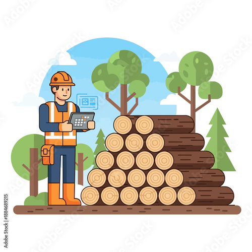 Forestry worker with tablet near logs in forest, illustration