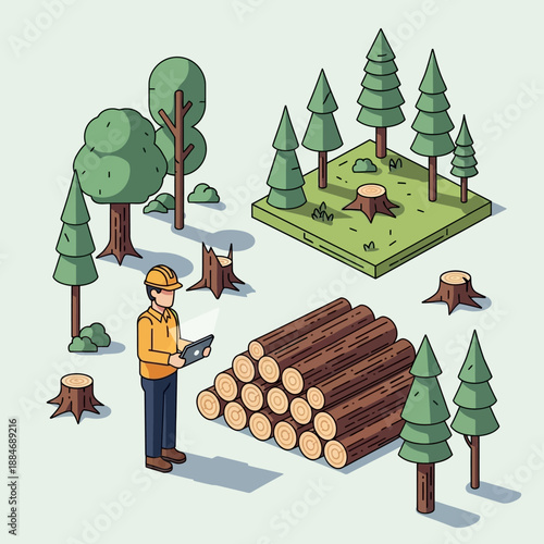Forestry worker with tablet inspecting lumber logs and trees in isometric view