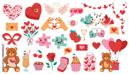 Set of cute cartoon elements for happy Valentines Day with hearts, angel wings, gifts, teddy bears, roses, birds.