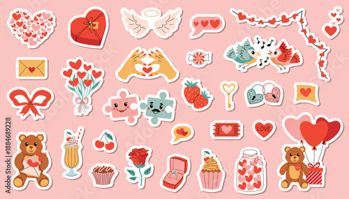 Set of cartoon stickers for happy Valentines Day with hearts, angel wings, gifts, teddy bears, roses, birds, candies, cupcake, milk cocktail and balloons. Bright flat style perfect for cards.