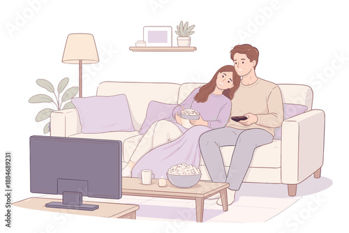 Cozy Movie Night. A couple relaxing on the couch while watching a movie, flat modern illustration of two figures sitting side by
