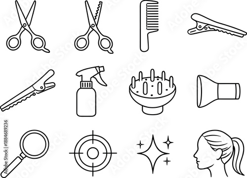 Image Generation. Line style vector icons of Hairstyling tools: hair scissors, thinning scissors, comb, hair clip; sectioning clip