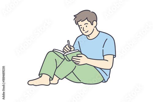 Reflective Writing Moment. Man sits comfortably writing reflective notes in a notebook during a quiet moment Minimalist flat line