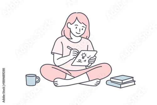 Creative Sketching Moment. Woman sits comfortably sketching ideas on paper during a relaxed creative moment Minimalist flat line