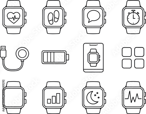 Image Generation. Line style of Fitness watch vector icons: smartwatch, strap, dial, buttons; heart rate, step counter,