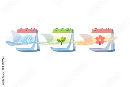 Seasonal Transition Icons. Calendar pages flipping with tiny seasonal icons morphing from snowflake to bud to flower, soft glow