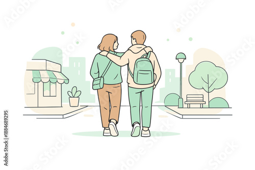 Urban Stroll Serenity. Two friends walking together down a simple urban street, minimalist vector scene with rounded shapes and