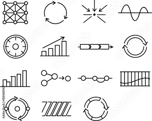Image Generation. Line style vector icons of business management operations tools: signal mesh, cycle line, propagation line, wave