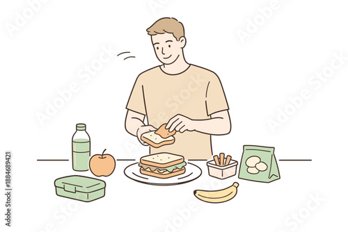 Casual Lunch Preparation. Man putting together a basic lunch meal, relaxed body language and simple gestures suggesting an