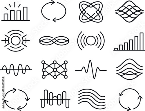 Minimalist Icon Grid. Line style vector icons of remote work office well being and culture: propagation bar, sync contour, loop