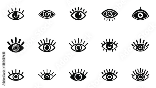 A collection of stylized black and white eye icons with varying lashes