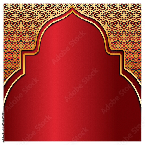 Red and gold islamic architecture design element with intricate floral patterns transparent background