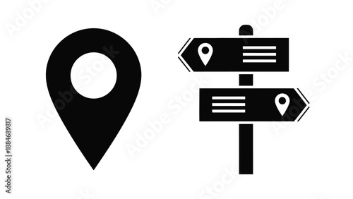 Black location pin and directional sign icons on a white background