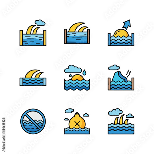 Water waves depicted with various conditions and scenarios, showing different states and weather influences in a simple, clean style.