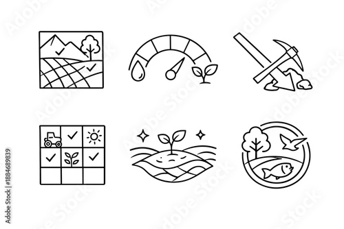 Environmental Icons in Line Art. Line style icons of environmental applications: land suitability tile, remediation cue arc,