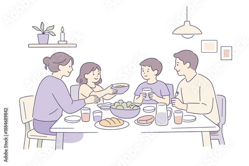 Cozy Family Dinner. Family members sitting around a dinner table during daily life, flat modern illustration of several figures