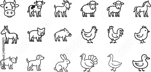 Farm animals line icon set with cow, sheep, pig and chicken. Clean outline vector for agriculture design.