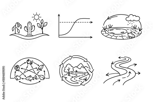 Ecological Role Icons. Line style icons of ecological roles: drought-survival band, population stability curve, temporary-pond