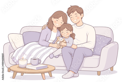Cozy Family Evening. Parents and child relaxing together during a cozy evening, seated comfortably with soft body language