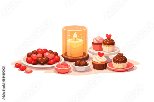 Valentine's Dessert Table. Dessert table scene with heart-shaped chocolates, cupcakes, and a glowing candle centerpiece, subtle