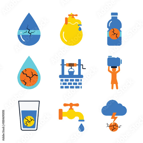 Collection of water crisis symbols depicts drought, scarcity, and pollution in various forms, highlighting environmental concerns and the urgent need for conservation.