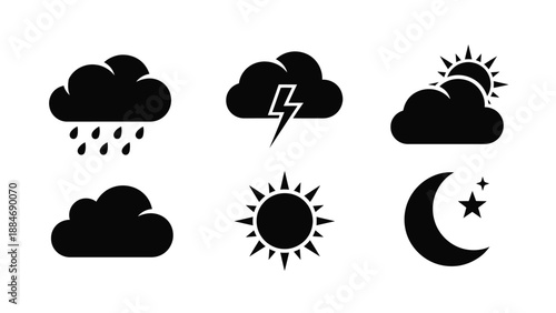 Black silhouette icons depicting various weather conditions and celestial bodies
