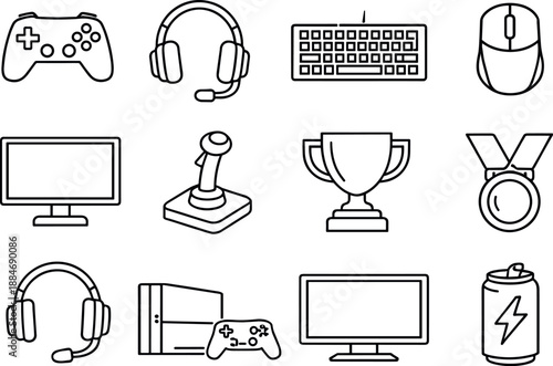 Image Generation. Line style vector icons of Esports gaming: game controller, headset, keyboard, mouse; monitor, joystick, trophy,