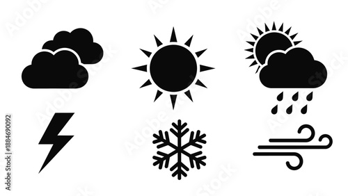 Weather icons depicting sun clouds lightning snow wind and various conditions