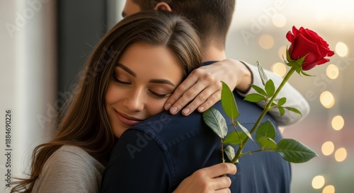 Serene affection displayed between a couple with a red rose signifying love and tenderness