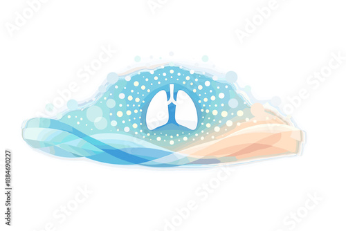 Inner Harmony Illustration. Breathing concept with minimal lungs icon and expanding glow dots, smooth wave curves and bokeh