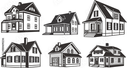 Diverse Architectural Delights: A collection of various house illustrations, showcasing distinct design elements and characteristics.