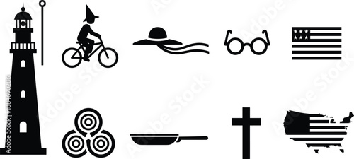 Minimal black silhouette icon set featuring lighthouse, cyclist, hat, glasses, cooking pan, fidget spinner, cross, and USA symbols for design and branding use