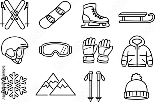 Winter Sports Icons. Line style icons of Winter sports event: ski, snowboard, ice skate, sled; helmet, goggles, gloves, jacket;