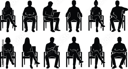People sitting on chairs silhouettes, waiting room interview posture collection, business meeting concepts, office lifestyle illustration, seated men women