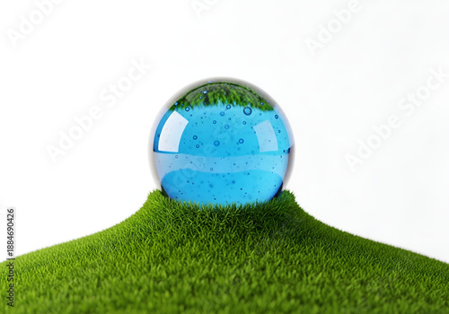 Photorealistic Glass Sphere Ecosystem, Lush Green Grass, Miniature Nature Illustration, Environmental Concept Graphic, Plant Life Visualization