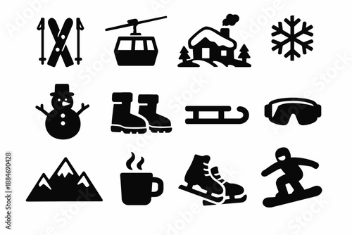 Snow Vacation Icons. Solid black filled vector icon set of snow vacation icons, minimal geometric shapes, bold silhouette style,