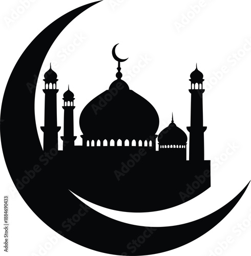 Elegant Crescent Moon Mosque Ramadan Silhouette