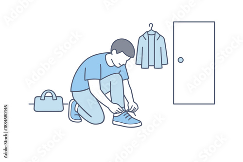 Tying Shoelaces Flat Design. Man kneels slightly while tying shoe laces before leaving home. Minimalist flat line vector