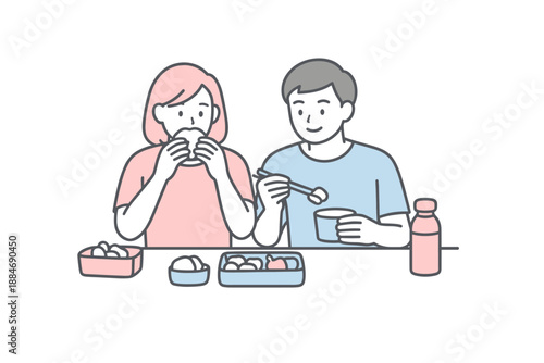 Friendly Lunch Break. Two friends enjoy a lunch break together, sitting side by side and sharing food, minimalist flat line vector
