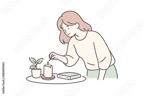 Peaceful Candle Lighting. Woman leans slightly forward lighting a candle during a peaceful moment Minimalist flat line vector